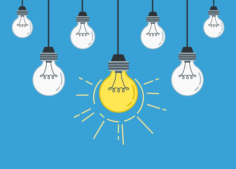 Unique idea. Hanging light bulbs with one glowing and shine. Working solution concept flat vector illustration of light bulb idea business