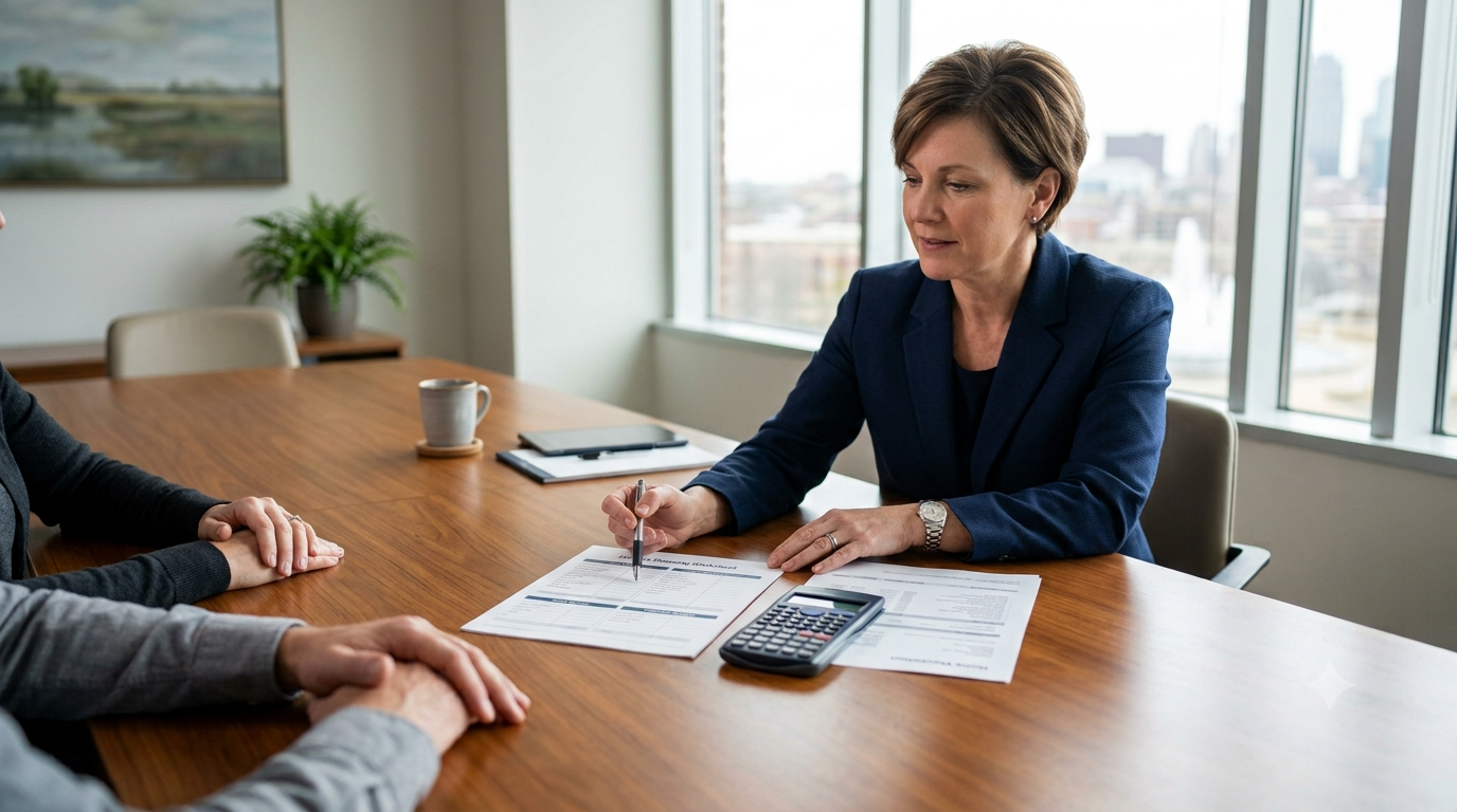Financial professional reviewing divorce asset and future budget information during a collaborative consultation.