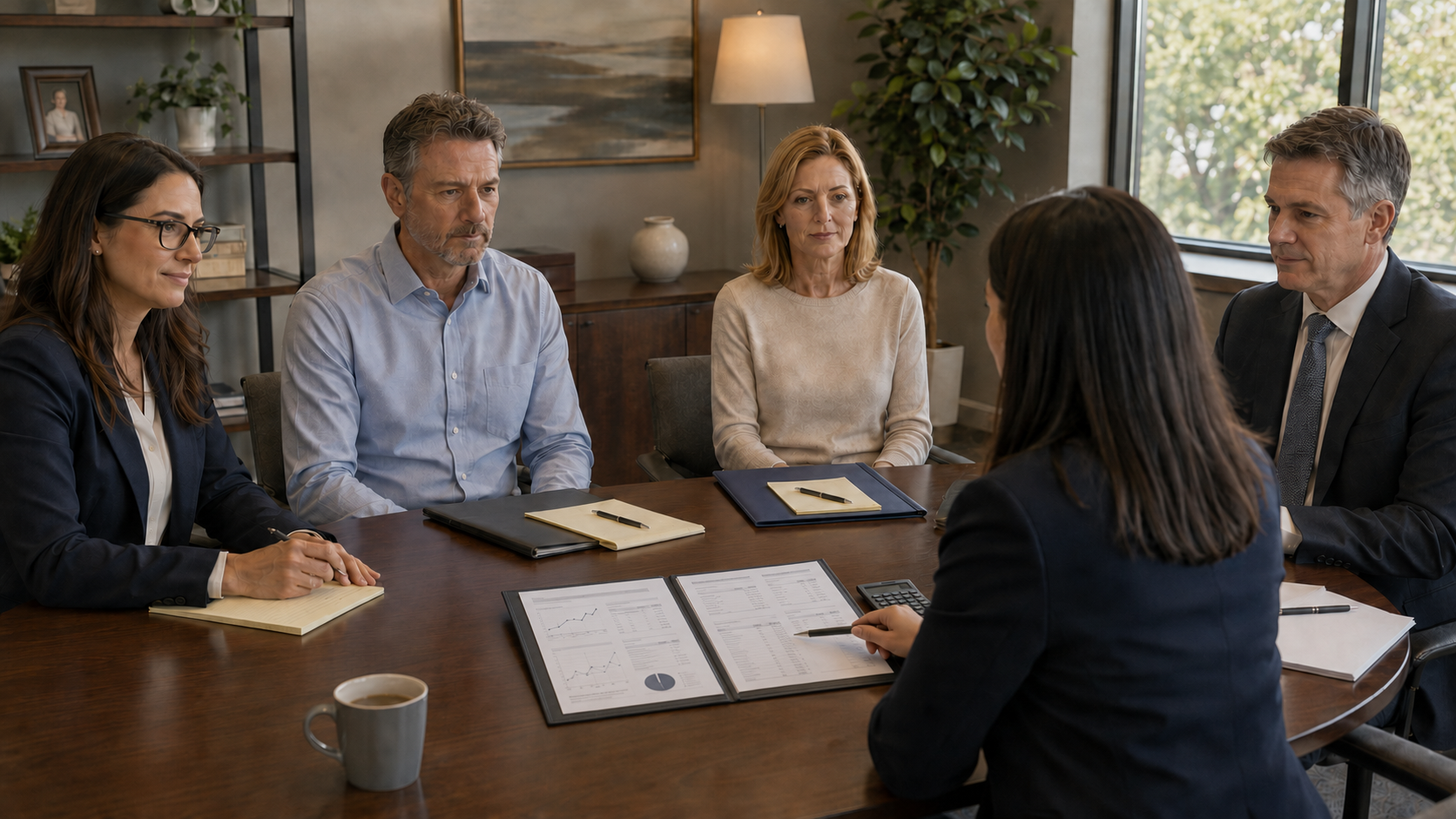 Business-owning couple reviewing company and divorce planning documents with a collaborative professional.